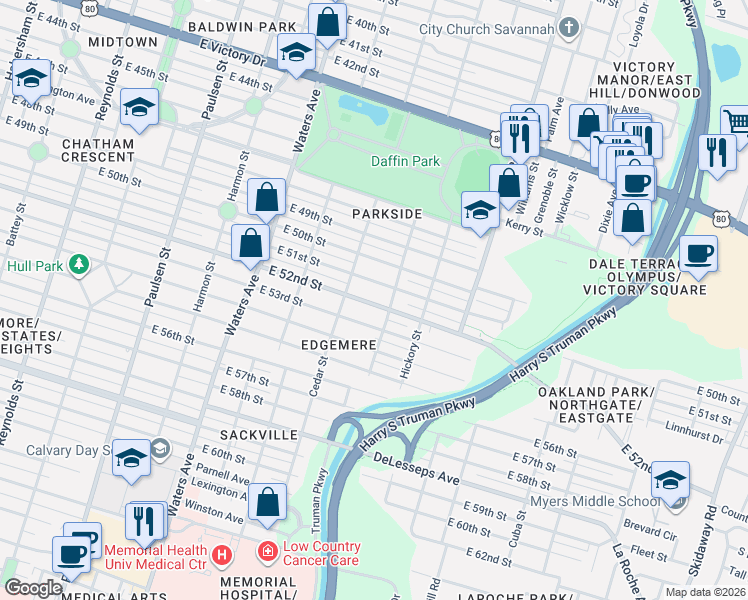 map of restaurants, bars, coffee shops, grocery stores, and more near 1316 East 52nd Street in Savannah