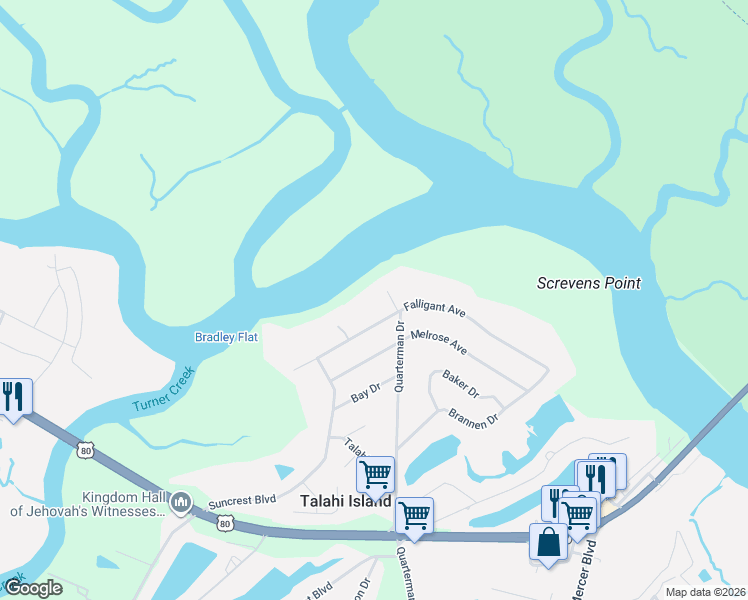 map of restaurants, bars, coffee shops, grocery stores, and more near 55 Falligant Avenue in Savannah