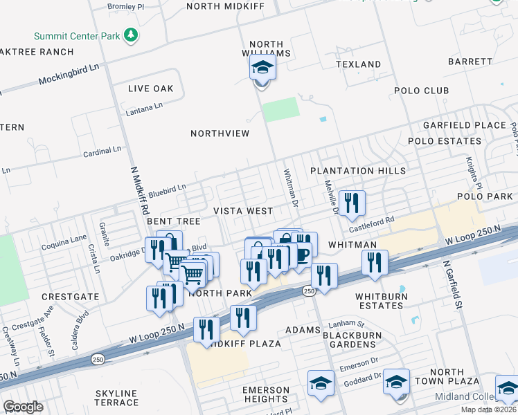 map of restaurants, bars, coffee shops, grocery stores, and more near 2814 Purple Sage Trail in Midland