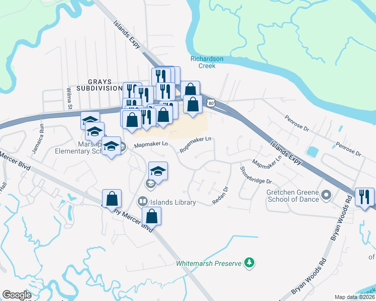 map of restaurants, bars, coffee shops, grocery stores, and more near 155 Ropemaker Lane in Savannah