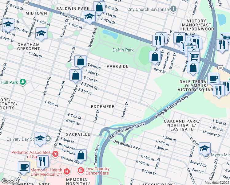 map of restaurants, bars, coffee shops, grocery stores, and more near 1316 East 52nd Street in Savannah