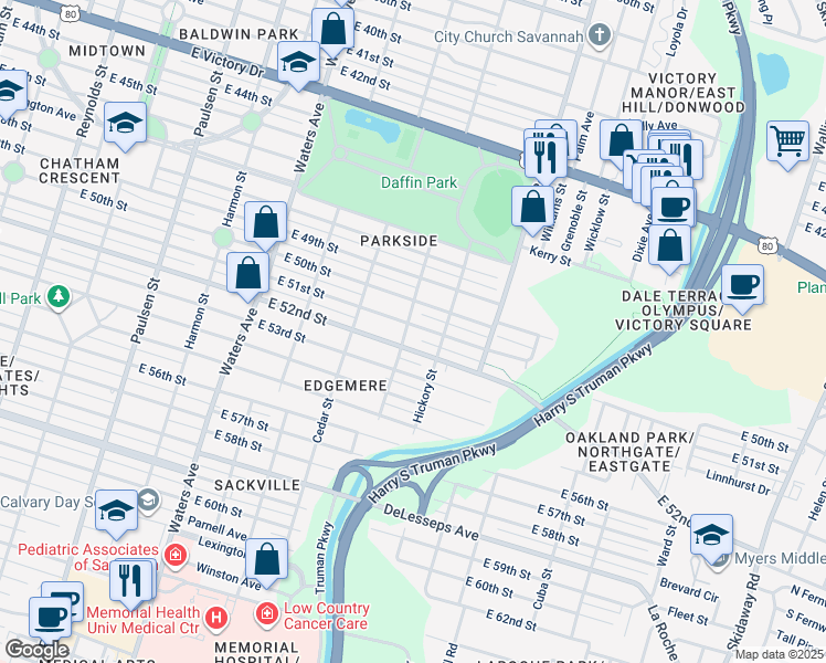 map of restaurants, bars, coffee shops, grocery stores, and more near 1316 East 52nd Street in Savannah