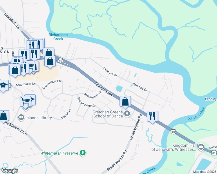map of restaurants, bars, coffee shops, grocery stores, and more near 8 East Manta Cove in Savannah