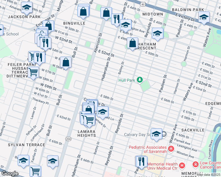 map of restaurants, bars, coffee shops, grocery stores, and more near 216 East 57th Street in Savannah