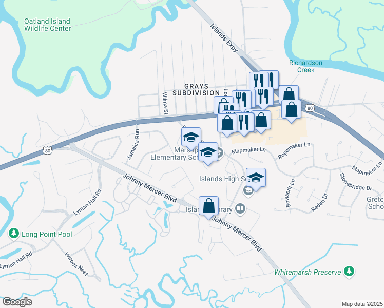 map of restaurants, bars, coffee shops, grocery stores, and more near 4595 U.S. 80 in Savannah