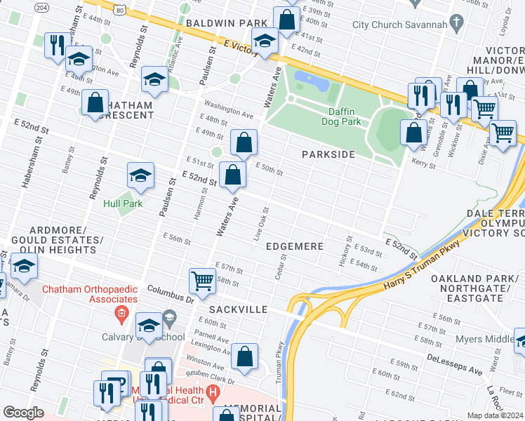 map of restaurants, bars, coffee shops, grocery stores, and more near 1125 East 53rd Street in Savannah
