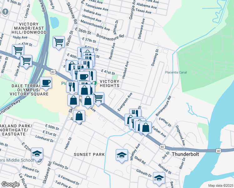 map of restaurants, bars, coffee shops, grocery stores, and more near 2200 East Victory Drive in Savannah