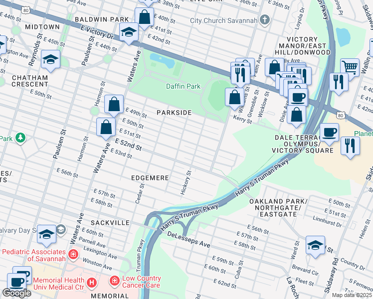 map of restaurants, bars, coffee shops, grocery stores, and more near 1411 East 51st Street in Savannah