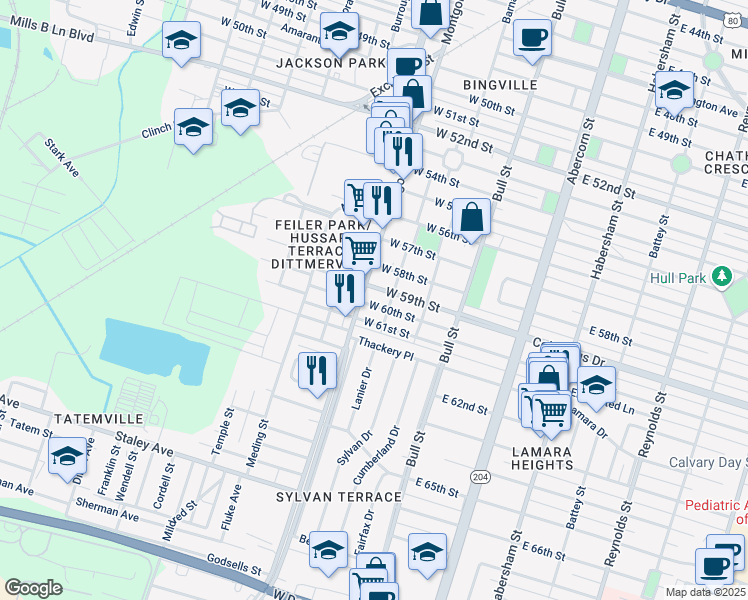 map of restaurants, bars, coffee shops, grocery stores, and more near 212 West 61st Street in Savannah