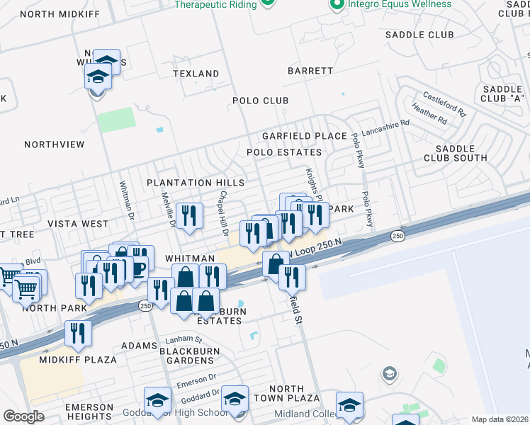 map of restaurants, bars, coffee shops, grocery stores, and more near 2303 Castleford Road in Midland