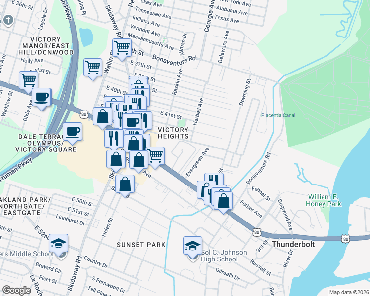 map of restaurants, bars, coffee shops, grocery stores, and more near 2200 East Victory Drive in Savannah