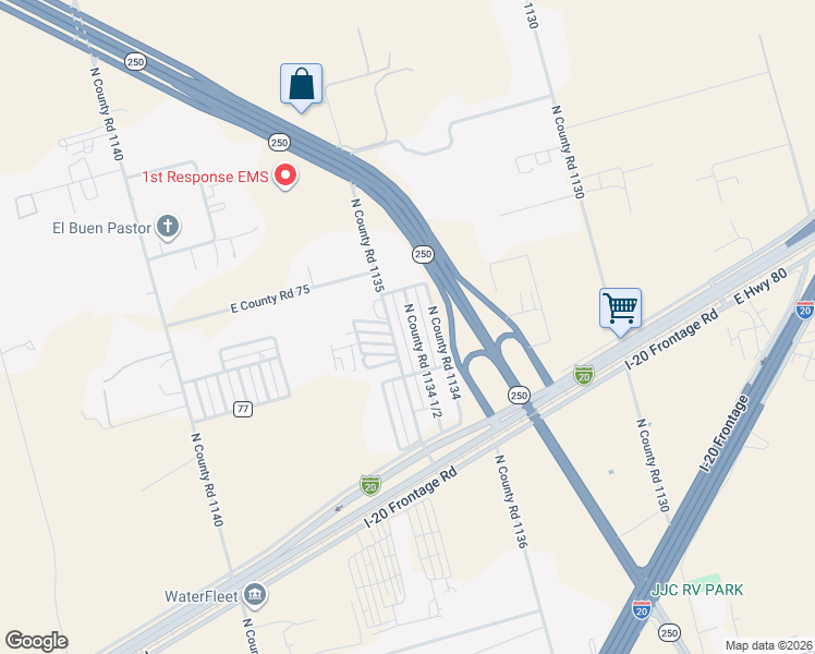 map of restaurants, bars, coffee shops, grocery stores, and more near 2208 North County Road 1134 1/2 in Midland