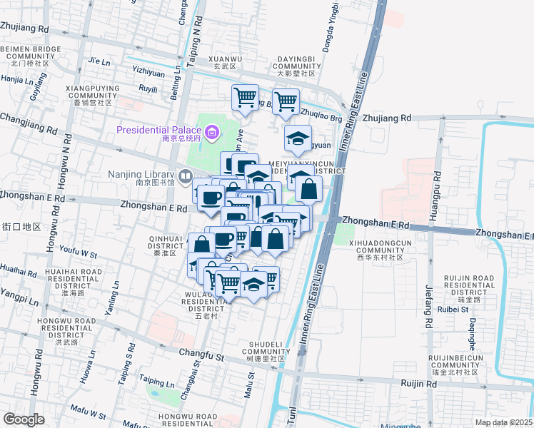 map of restaurants, bars, coffee shops, grocery stores, and more near Zhongshan East Road in Nanjing