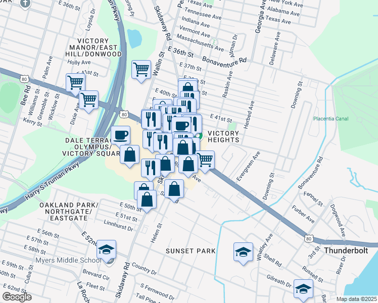 map of restaurants, bars, coffee shops, grocery stores, and more near 2126 East Victory Drive in Savannah