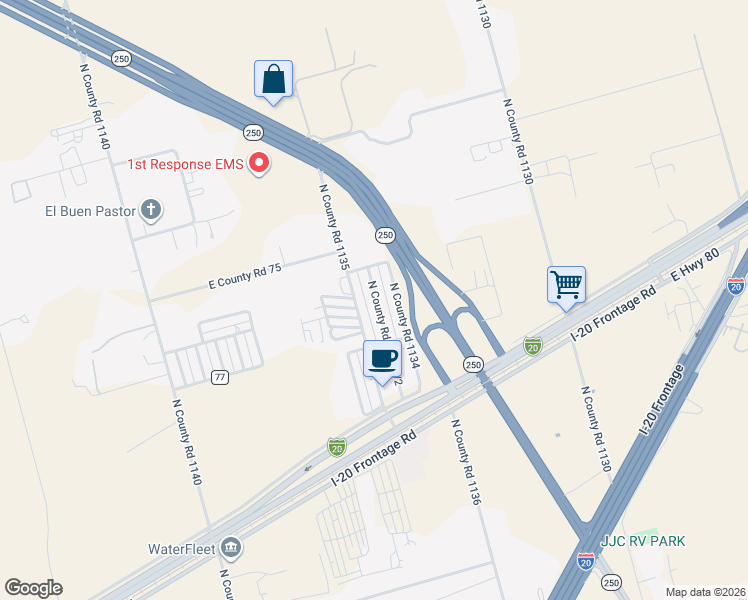 map of restaurants, bars, coffee shops, grocery stores, and more near 2208 North County Road 1134 1/2 in Midland