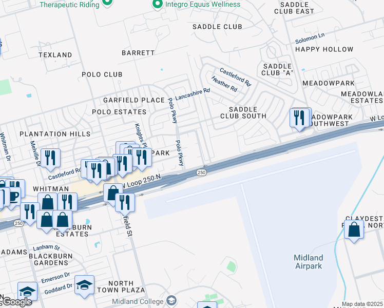 map of restaurants, bars, coffee shops, grocery stores, and more near 9 Castleford Road in Midland