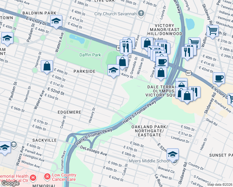 map of restaurants, bars, coffee shops, grocery stores, and more near 1607 East 50th Street in Savannah
