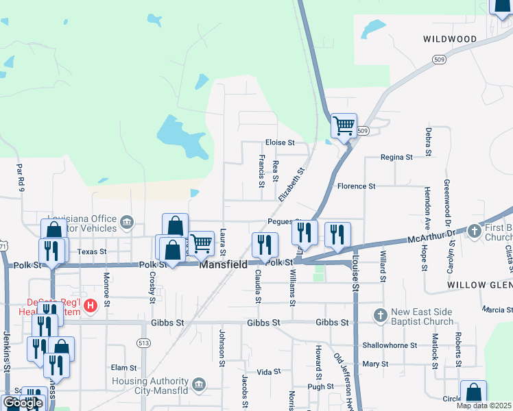 map of restaurants, bars, coffee shops, grocery stores, and more near 1012 Elizabeth Street in Mansfield