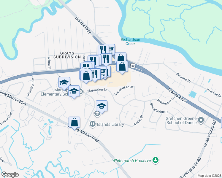 map of restaurants, bars, coffee shops, grocery stores, and more near 4717B U.S. 80 in Savannah