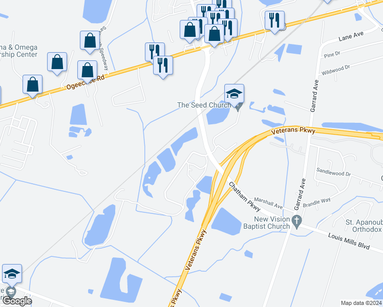 map of restaurants, bars, coffee shops, grocery stores, and more near Red Gate Farms Trail in Savannah