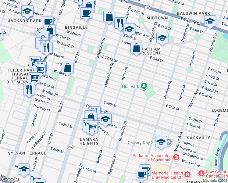 map of restaurants, bars, coffee shops, grocery stores, and more near 204 East 56th Street in Savannah