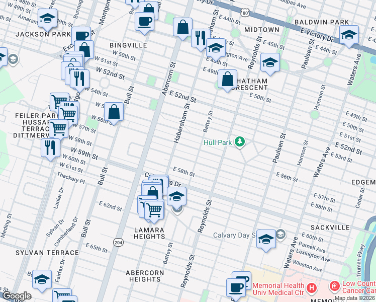 map of restaurants, bars, coffee shops, grocery stores, and more near 204 East 56th Street in Savannah