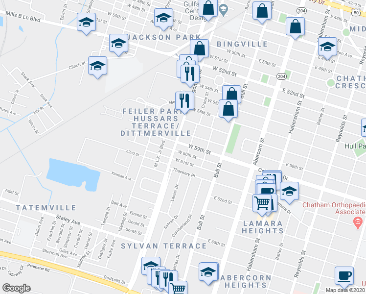 map of restaurants, bars, coffee shops, grocery stores, and more near in Savannah