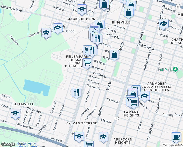 map of restaurants, bars, coffee shops, grocery stores, and more near in Savannah