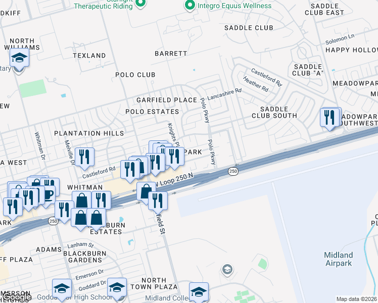 map of restaurants, bars, coffee shops, grocery stores, and more near 4799 Richmond Court in Midland