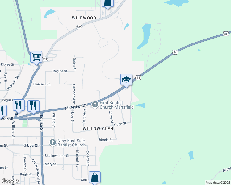 map of restaurants, bars, coffee shops, grocery stores, and more near 1915 McArthur Drive in Mansfield