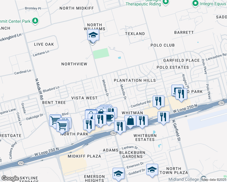 map of restaurants, bars, coffee shops, grocery stores, and more near 5000 Bluebird Branch Court in Midland