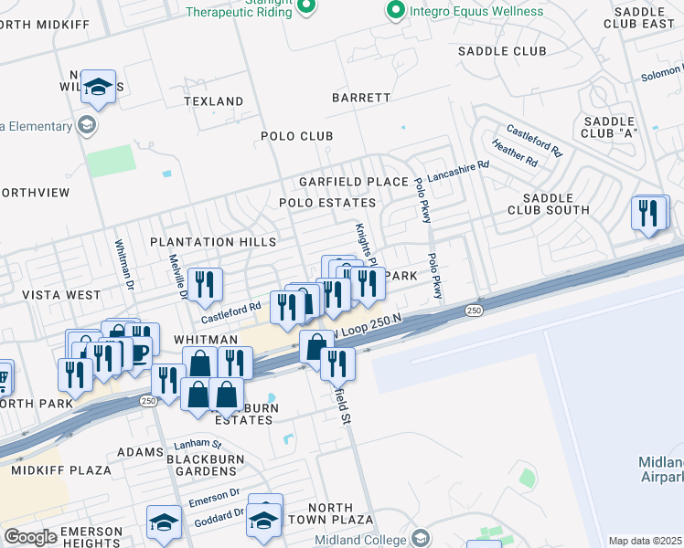 map of restaurants, bars, coffee shops, grocery stores, and more near 2100 Castleford Road in Midland