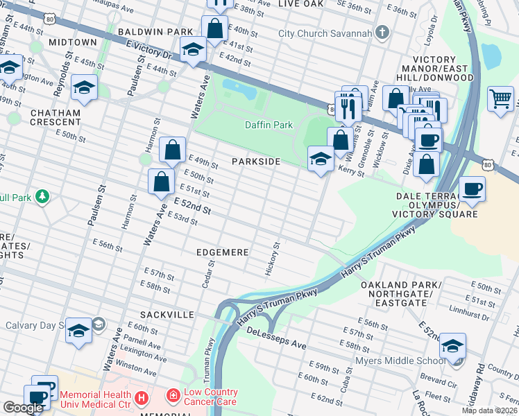 map of restaurants, bars, coffee shops, grocery stores, and more near 1311 East 50th Street in Savannah