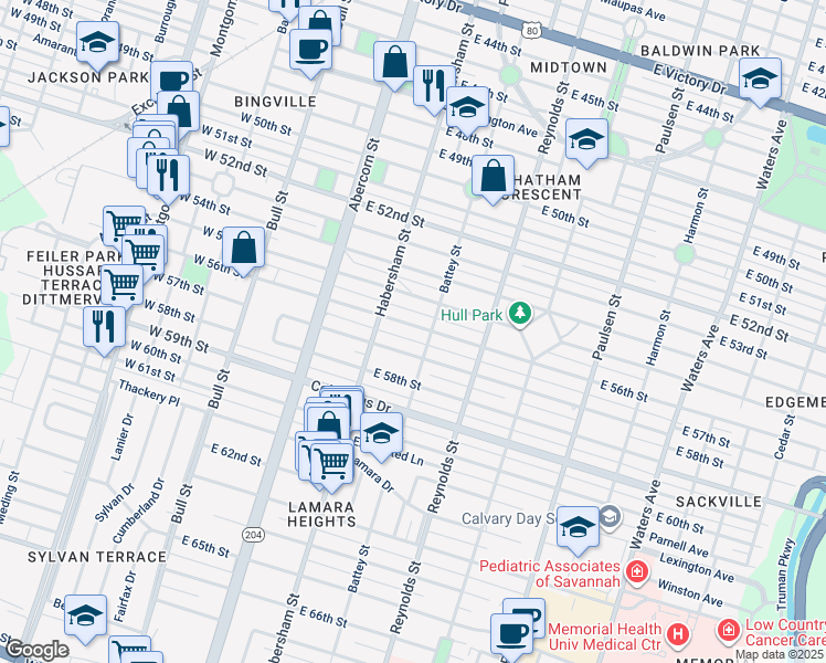 map of restaurants, bars, coffee shops, grocery stores, and more near 204 East 56th Street in Savannah