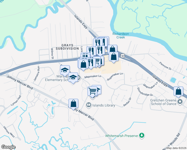map of restaurants, bars, coffee shops, grocery stores, and more near 119a Charlotte Road in Savannah