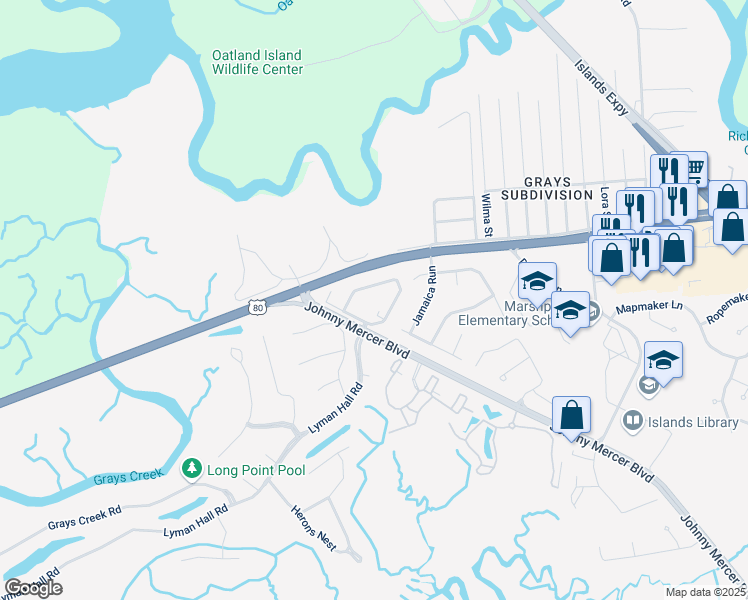 map of restaurants, bars, coffee shops, grocery stores, and more near 2 Johnny Mercer Boulevard in Savannah