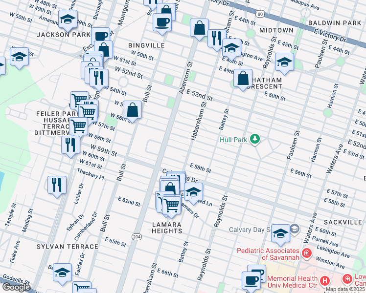 map of restaurants, bars, coffee shops, grocery stores, and more near 117 East 56th Street in Savannah