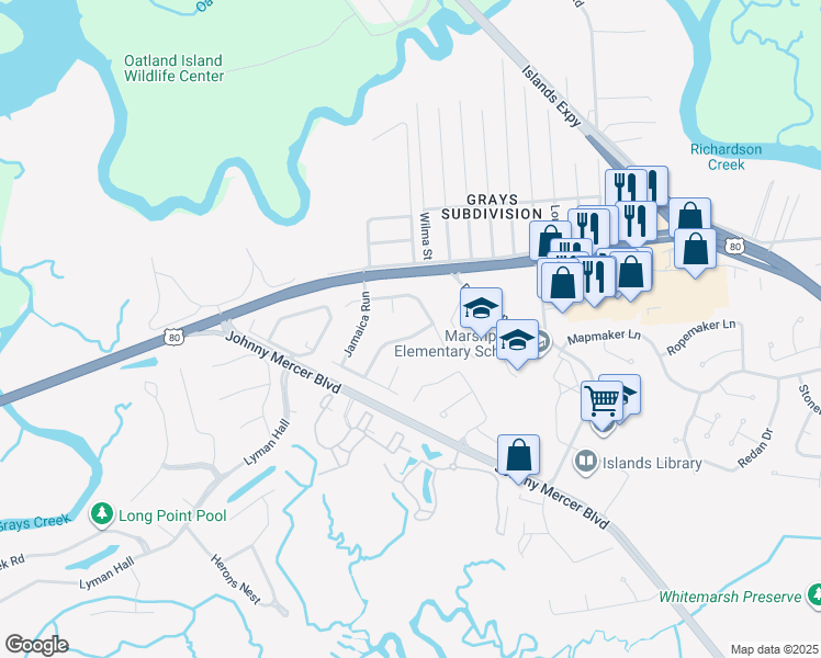 map of restaurants, bars, coffee shops, grocery stores, and more near 111 Blue Marlin Drive in Savannah