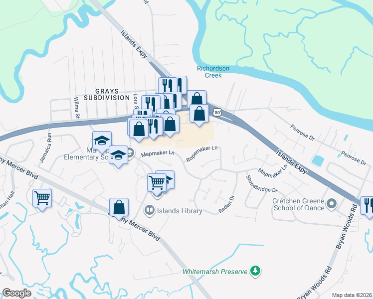 map of restaurants, bars, coffee shops, grocery stores, and more near 146 Ropemaker Lane in Savannah