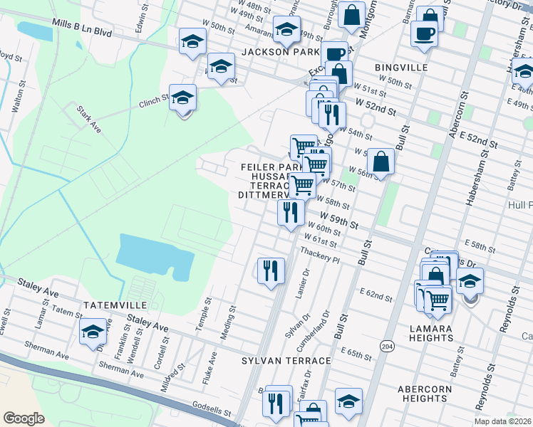 map of restaurants, bars, coffee shops, grocery stores, and more near 511 West 59th Street in Savannah