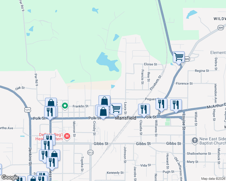 map of restaurants, bars, coffee shops, grocery stores, and more near 498 Myra Street in Mansfield