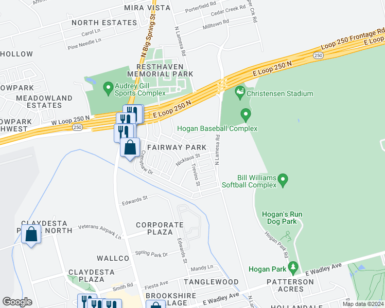 map of restaurants, bars, coffee shops, grocery stores, and more near 4400 Trevino Street in Midland