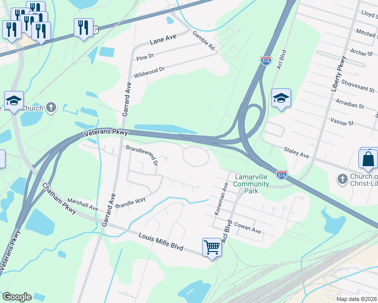 map of restaurants, bars, coffee shops, grocery stores, and more near Veterans Parkway in Savannah
