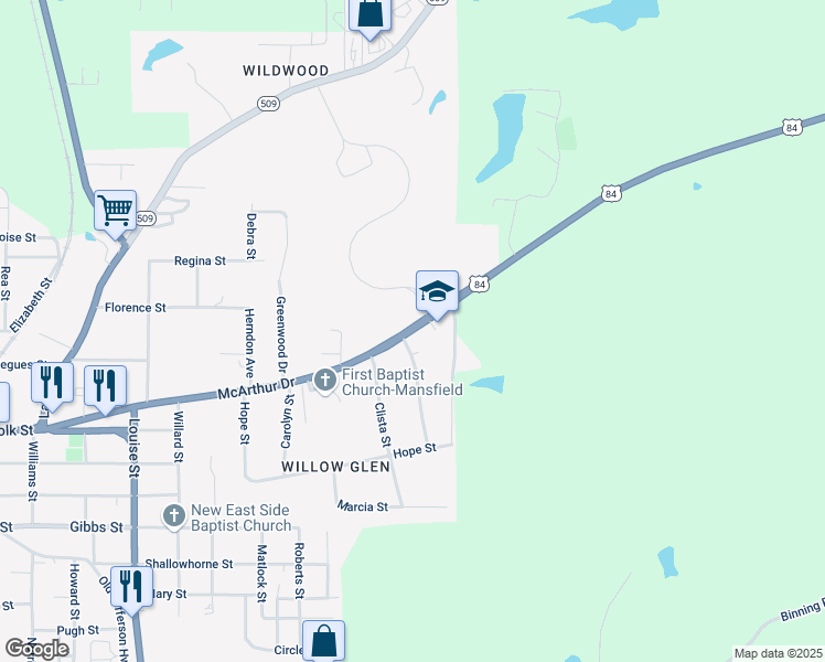 map of restaurants, bars, coffee shops, grocery stores, and more near U.S. 84 in Mansfield