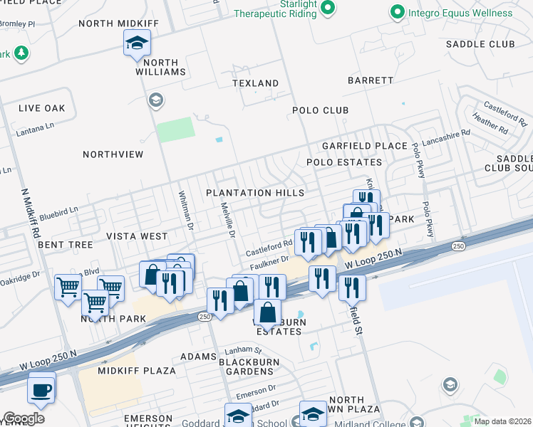 map of restaurants, bars, coffee shops, grocery stores, and more near 2503 Keswick Road in Midland