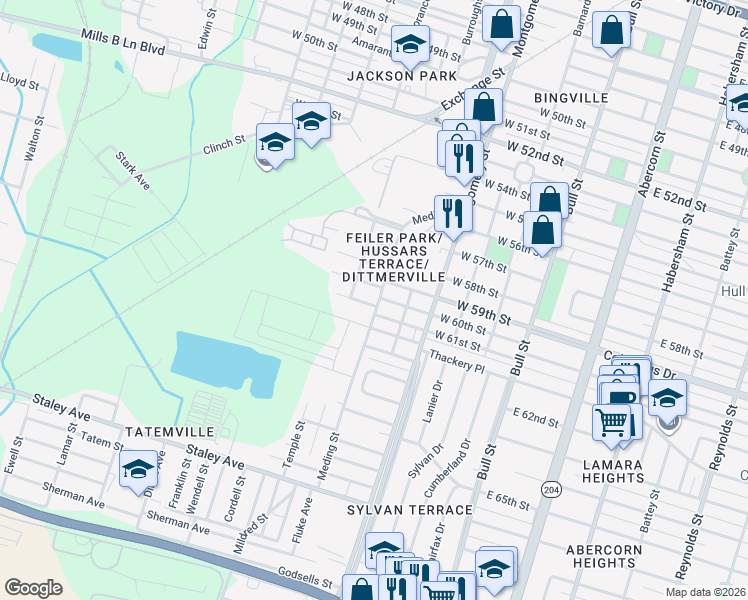 map of restaurants, bars, coffee shops, grocery stores, and more near 607 West 60th Street in Savannah