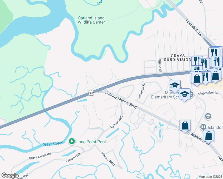 map of restaurants, bars, coffee shops, grocery stores, and more near 2 Johnny Mercer Boulevard in Savannah