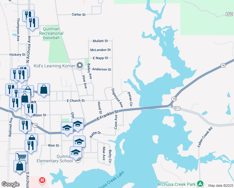 map of restaurants, bars, coffee shops, grocery stores, and more near 212 Dogwood Avenue in Quitman