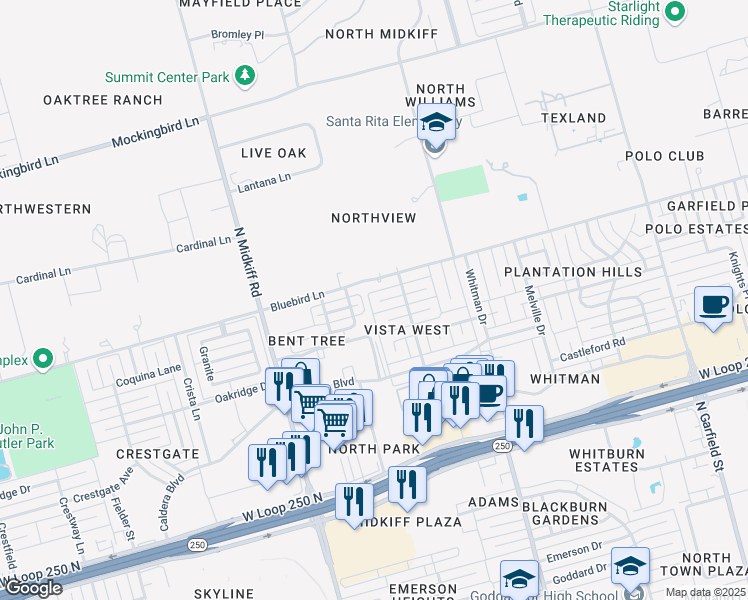 map of restaurants, bars, coffee shops, grocery stores, and more near 2910 Arrowhead Trail in Midland