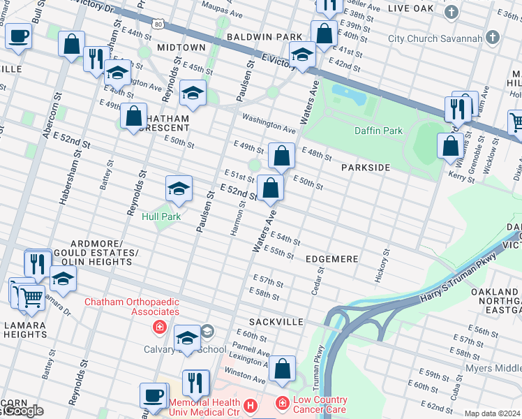 map of restaurants, bars, coffee shops, grocery stores, and more near 711 East 52nd Street in Savannah